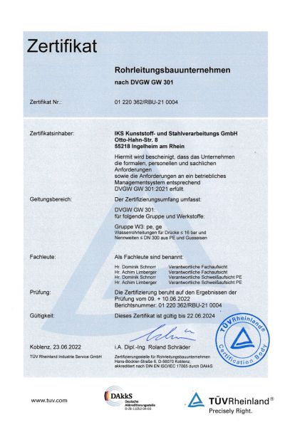 IKS Kunststoff- und Stahlverarbeitungs GmbH Zertifikat Rohrleitungsbauunternehmen nach DVGW 301