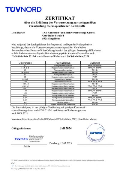 IKS Kunststoff- und Stahlverarbeitungs GmbH Zertifikat Kunststoffschweissen Fachbetrieb DVS